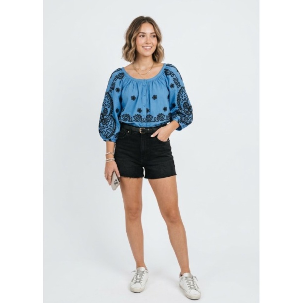 Rhode Trish Relaxed Peasant Blouse blue black Small puff sleeves- New